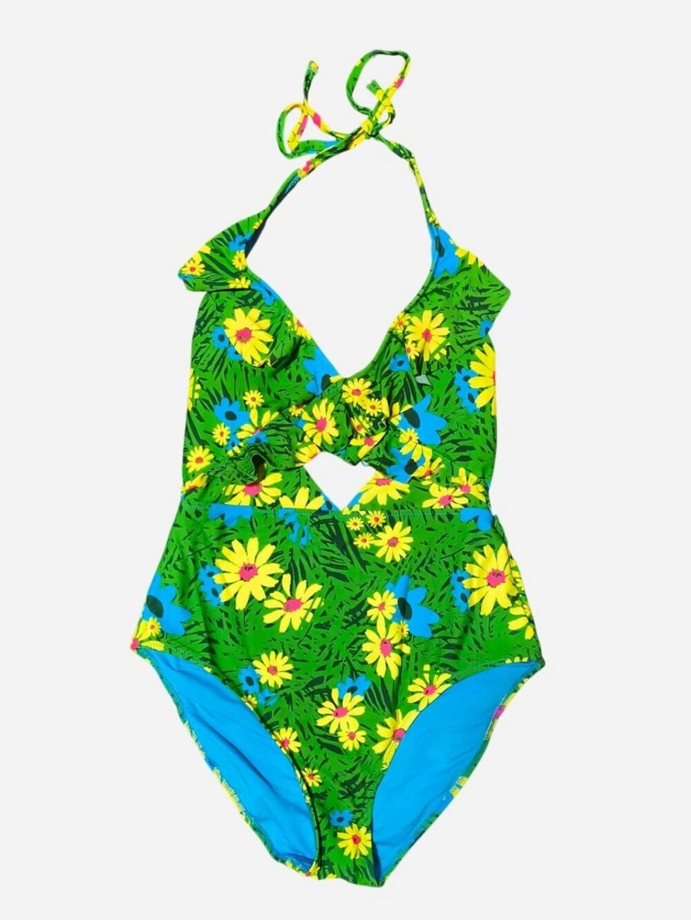 NWT Aerie Green Blue Yellow Daisy floral one piece swimsuit with tie back detail